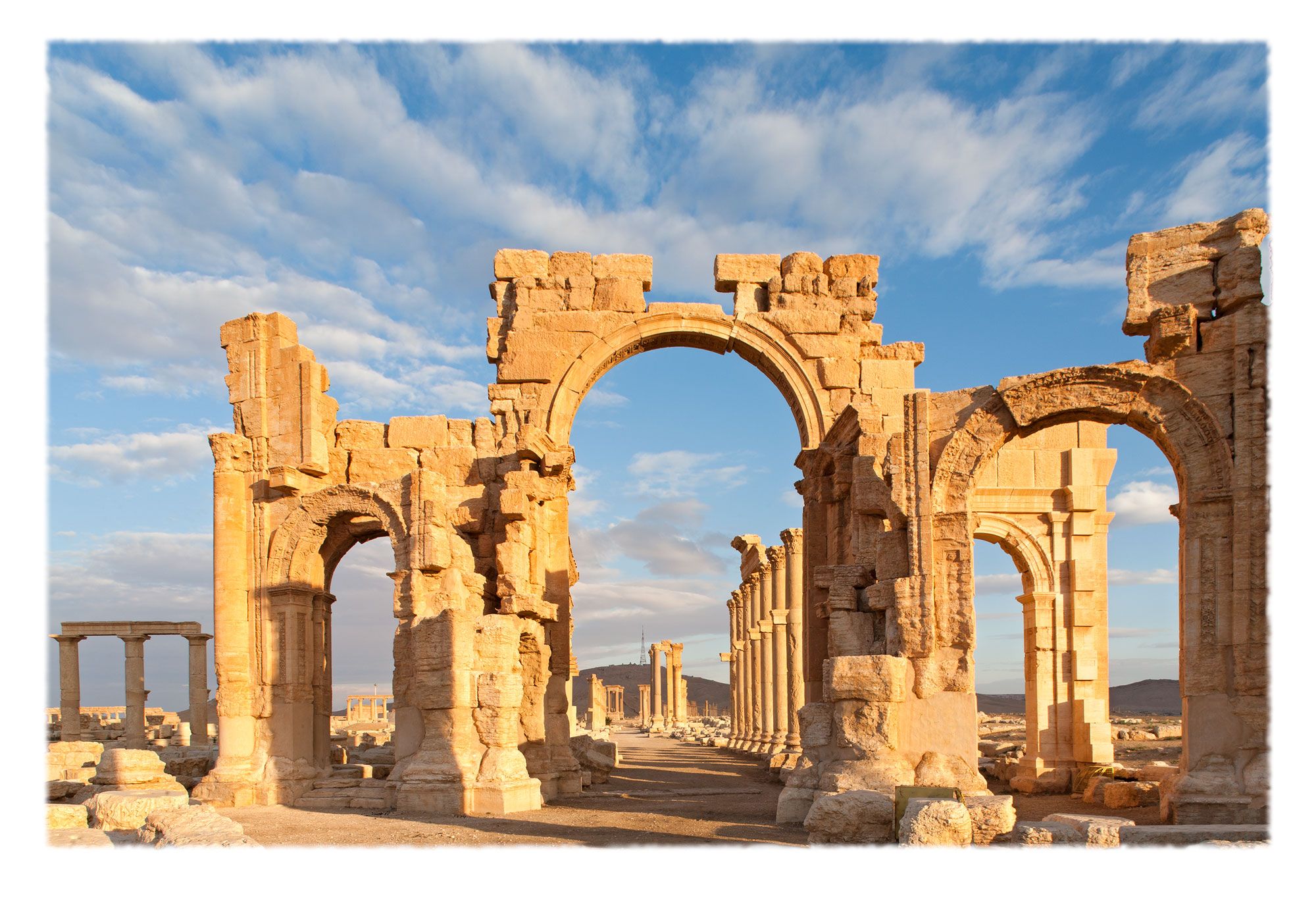Qaws al-Nasr (in Arabic), a monumental arched entrance to the main colonnaded thoroughfare of ancient Palmyra. Built during the reign of emperor Septimius Severus [193 to 211 CE], it commemorated a Roman victory over the Parthians. It was exploded with dynamite in October 2015 by Daesh.