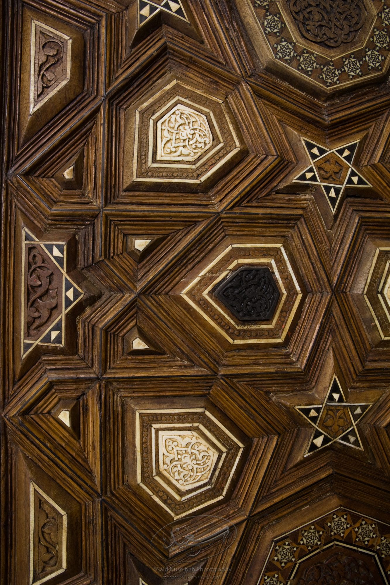 "Minbar, Carved Woodwork and Inlay Detail"The late-13th / early-14th c. Mamluk minbar, or pulpit, of Sultan al-Nasir Muhammad, the ninth Mamluk Sultan from Cairo and son of Qalawun. The minbar was located in the Umayyad Mosque in Aleppo, Haleb, prior to its damage and disappearance in May 2013.