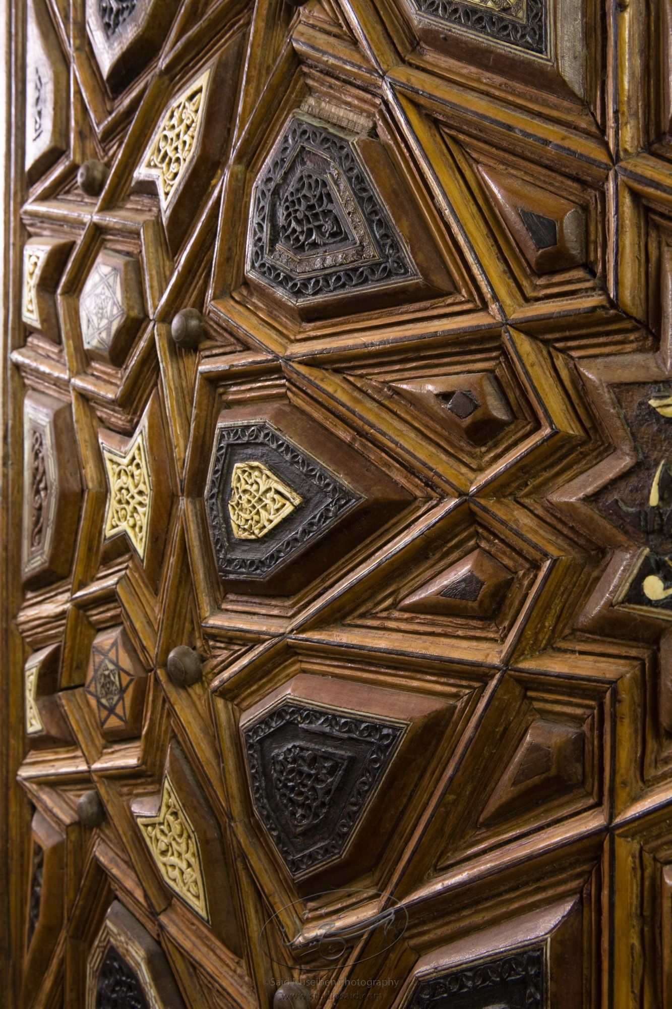 "Minbar, Carved Woodwork, Ivory and Inlay Detail"The late-13th / early-14th c. Mamluk minbar, or pulpit, of Sultan al-Nasir Muhammad, the ninth Mamluk Sultan from Cairo and son of Qalawun. The minbar was located in the Umayyad Mosque in Aleppo, Haleb, prior to its damage and disappearance in May 2013.
